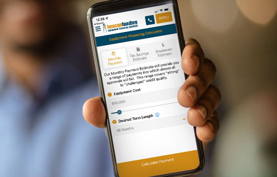 A business owner calculates a low monthly payment using Beacon Funding's mobile app. A business owner calculates a low monthly payment using Beacon Funding's mobile app.